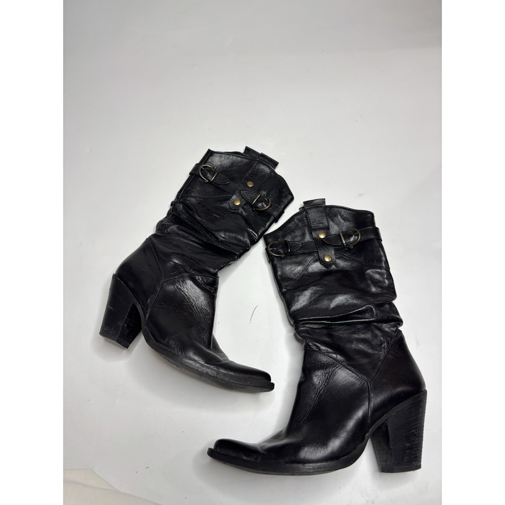 Slouchy Knee high Boots Leather Dressy Moto Buckle Heel Made In Italy Women 7.5